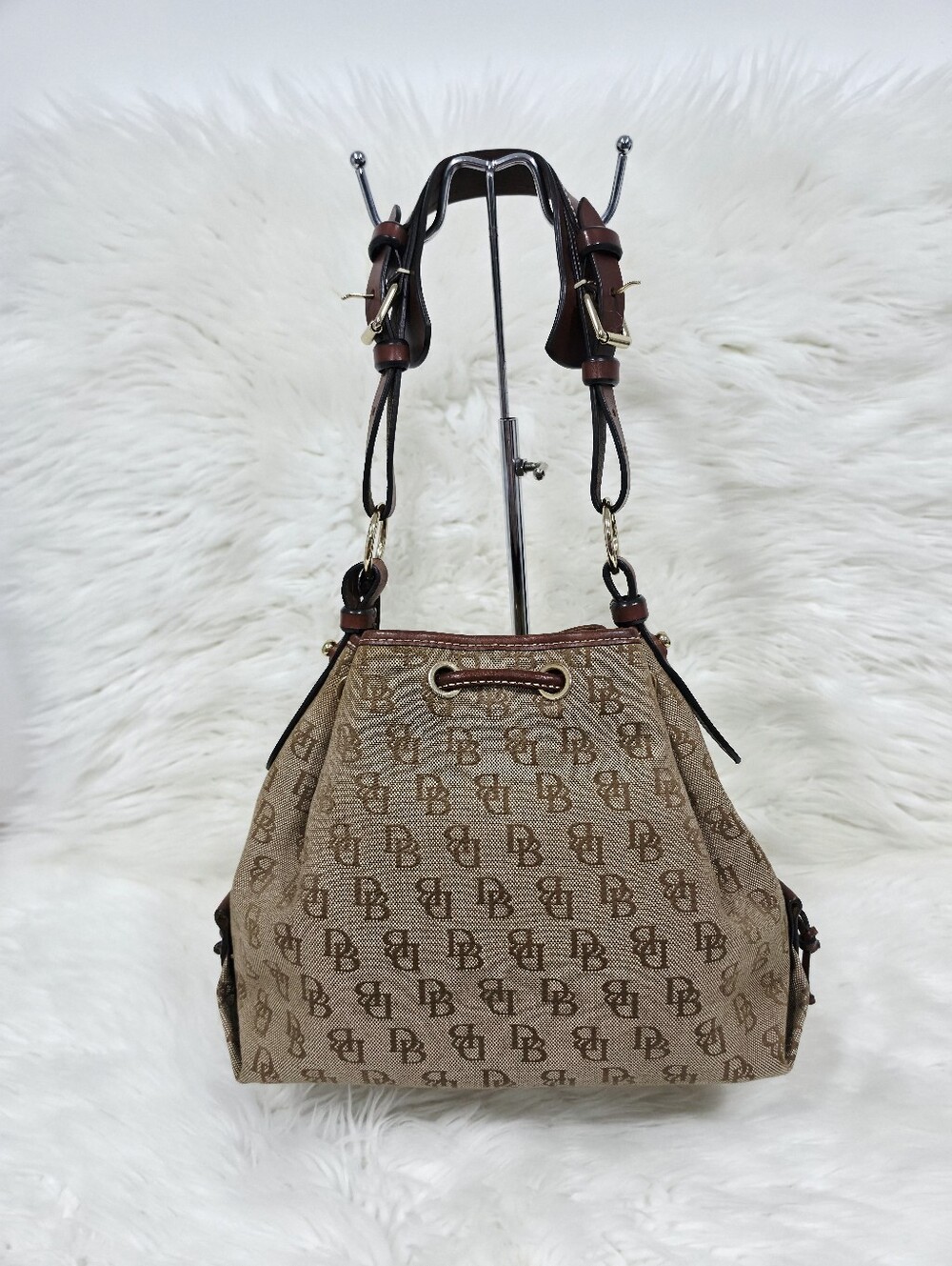 Dooney & Bourke DB Monogram Drawstring Bucket Bag Tan Brown Leather - Picture 4 of 17